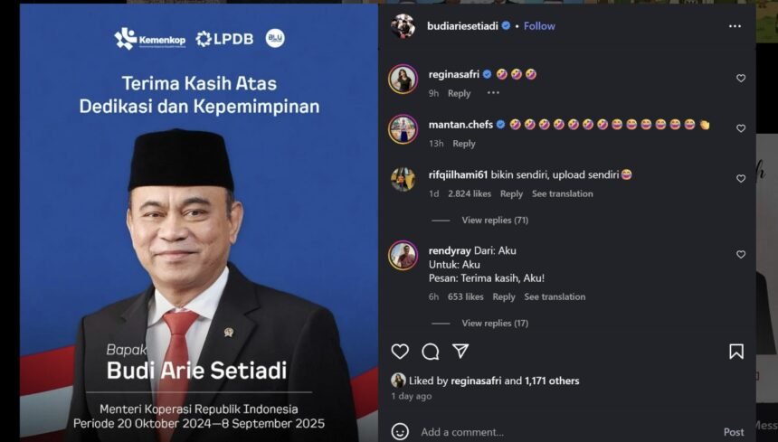 Ketua Projo, Budi Arie Setiadi, memposting ucapan terima kasih untuk dirinya sendiri.