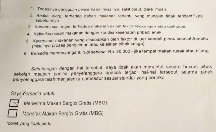 Surat pernyataan yang meminta orangtua bungkam dan tak boleh menuntut jika anak-anak mereka keracunan MGB.