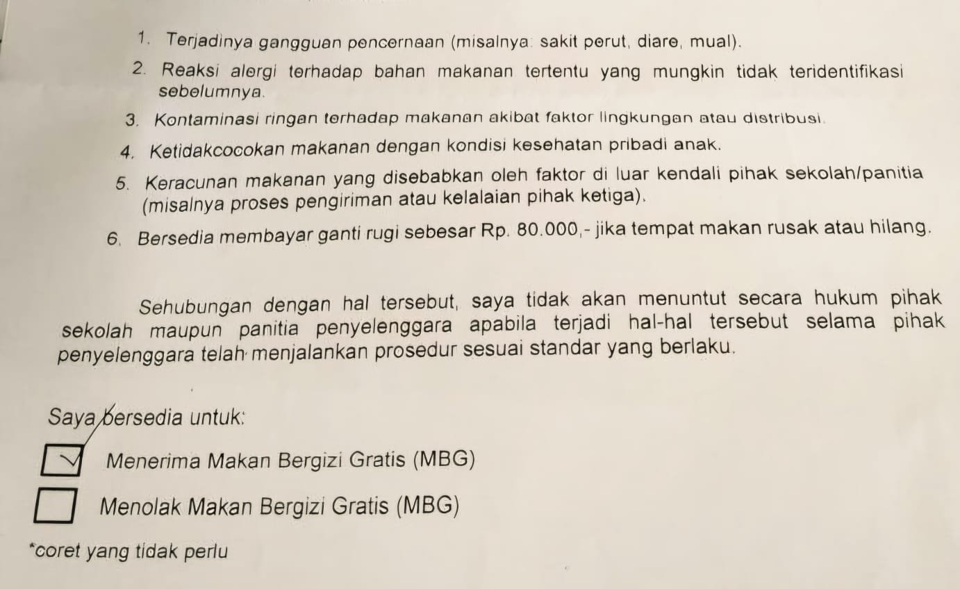 Surat pernyataan yang meminta orangtua bungkam dan tak boleh menuntut jika anak-anak mereka keracunan MGB.