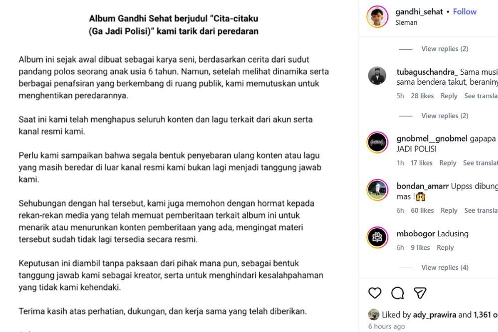 Pengumuman penarikan album 'Cita-citaku (Ga Jadi Polisi)' ditarik dari peredaran, di semua platform digital.